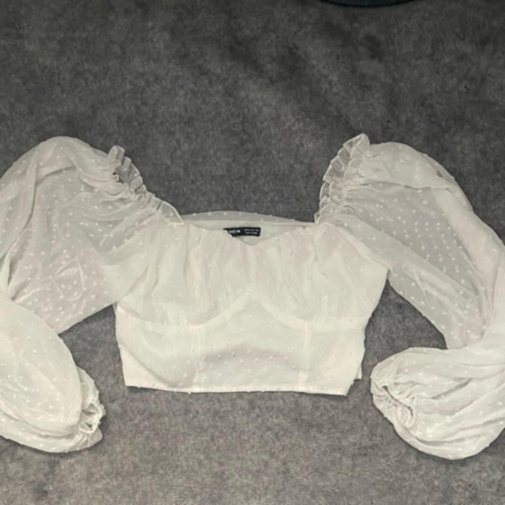 Swiss Square Neck Puff Lantern Long Sleeve Crop Blouse Top - Picture 2 of 3